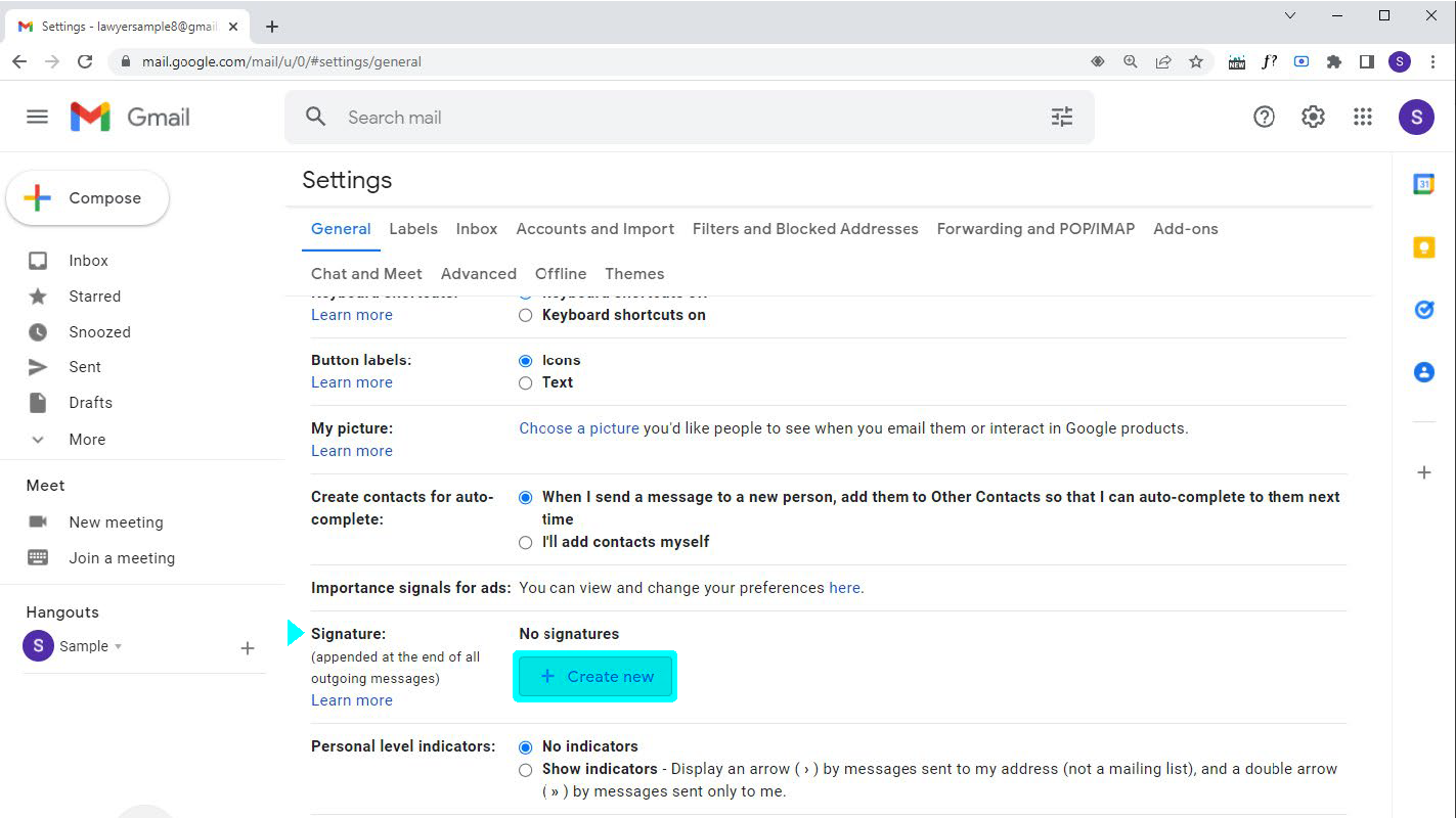 Image demonstrating where the Google Mail signature options are